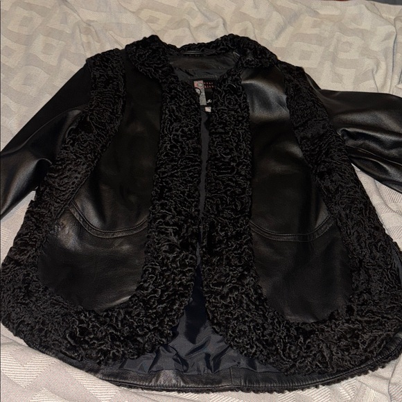 Black lamb fur trim lambskin leather coat L - Picture 12 of 12